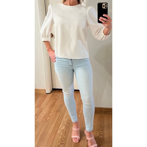 Tibi White Blouse Shirt 3/4 Puff Sleeve Partial Open Back Straps - Picture 7 of 11